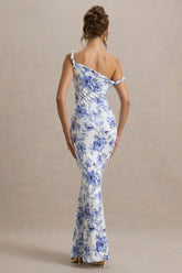 Blue Floral Twisted Asymmetric Maxi Dress